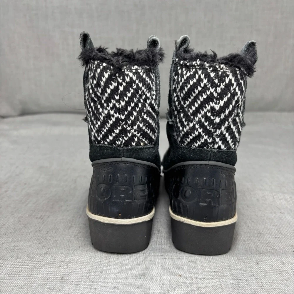 Sorel Tivoli II Winter Boots Black White Herringbone Waterproof Snow Kid Size 12
